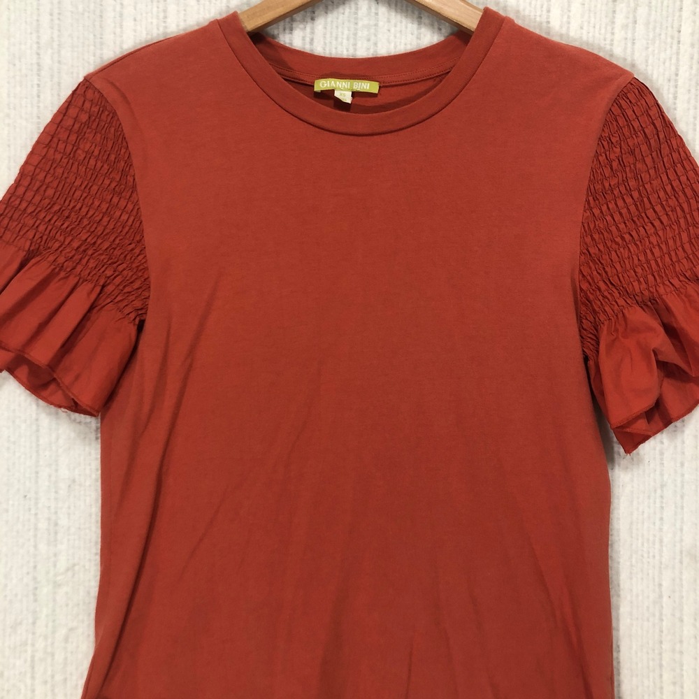 Gianni Bini Womens XS Burnt Orange Smocked Ruffle Short Sleeve Cotton Top Tee